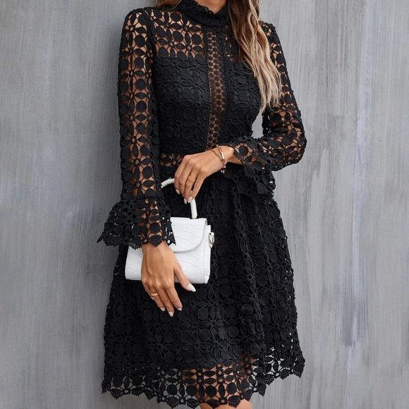 MODA ME COUTURE Dresses & Skirts - Black Mock Neck Flounce Sleeve Lace Dress